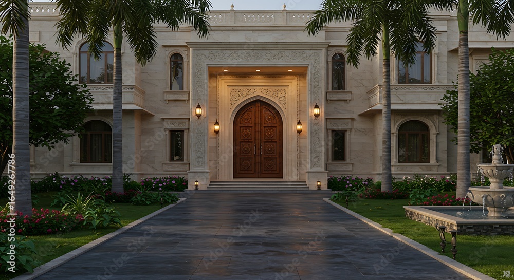 Fototapeta premium Elegant inviting India home exterior boasting opulent mansion with grand entrance and marble exteriors