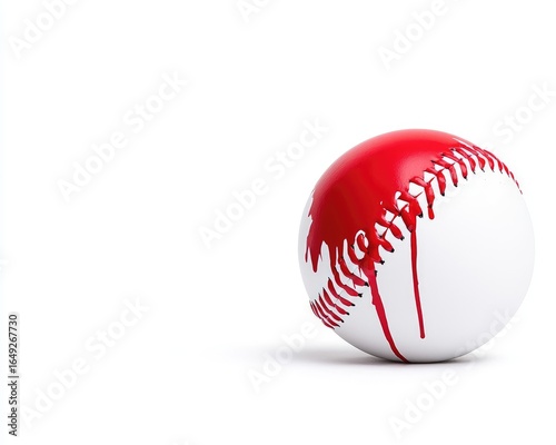 A pristine white baseball is partially coated in thick, vibrant red liquid, giving the impression of gore or a violent incident. Isolated against a clean white background