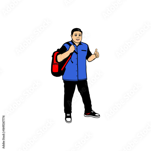 A man smiles as he stands carrying a bag on his shoulder vector illustration
