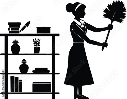 Housekeeper in an apron carrying a bucket and a serving tray, ready to work.