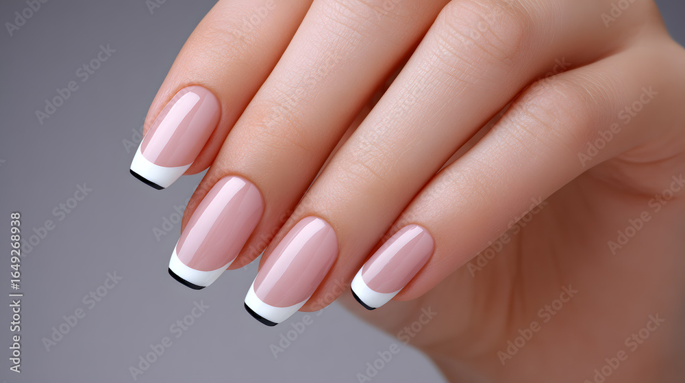 Close-up of female hand with perfect french manicure nails on neutral background. Close-up of female hand with perfect french manicure nails on neutral background.