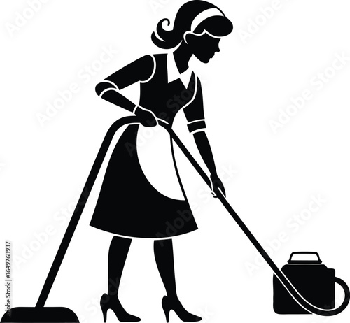 Housekeeper in an apron carrying a bucket and a serving tray, ready to work.