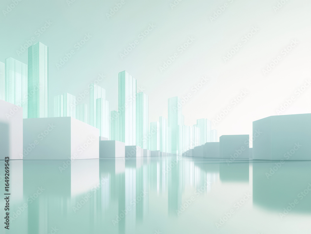 Fototapeta premium Abstract futuristic cityscape with glowing towers and reflective surfaces