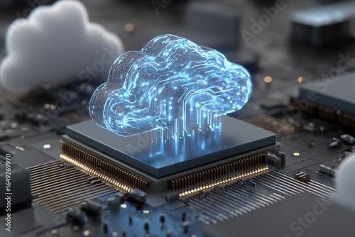 Cloud computing concept.  A translucent cloud graphic, composed of glowing lines, sits atop a computer chip.  Circuit board details are visible.  Abstract and futuristic