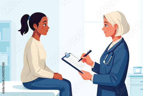 Doctor consults with patient in medical office, vector illustration