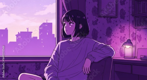 Relaxing Retro Japanese Lo-fi Anime Girl in Purple Neon Color Tone Wallpaper, Music Background