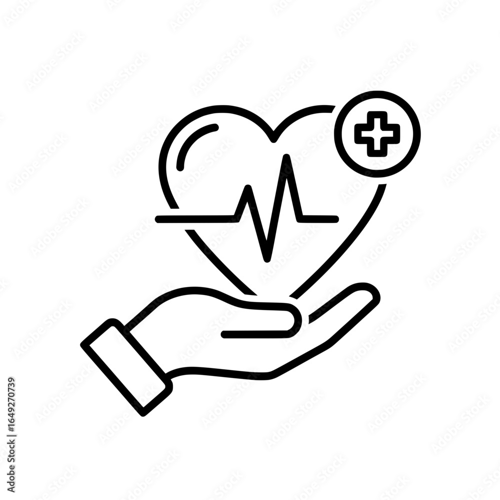 Obraz premium Healthcare Heart Icon with Hand, Heartbeat Line and Medical Cross Symbol – Vector Illustration