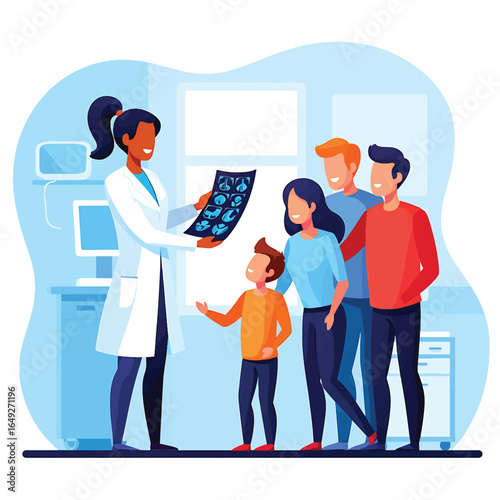 Medical Consultation with Family Doctor Shows Ultrasound Scan to Parents and Child