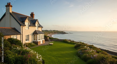 Stunning UK home exterior accented by seaside retreat featuring panoramic oceanfront views