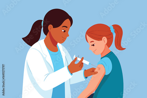Vaccination Vector Illustration A Child Receives a Vaccine Shot from a Healthcare Worker