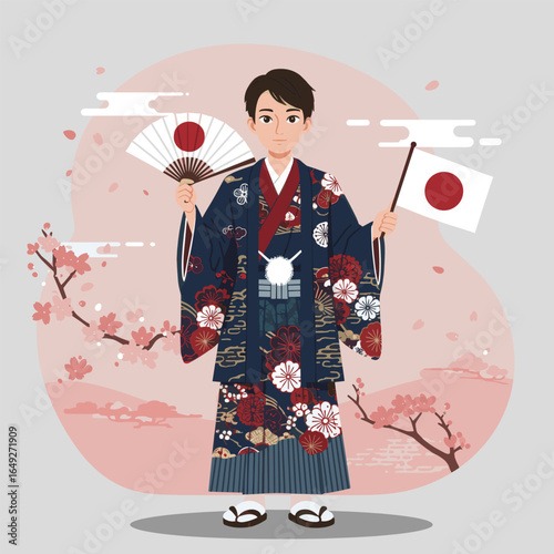  features a young boy wearing a traditional Japanese kimono