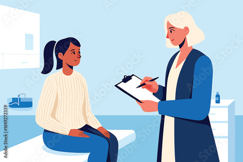 Female doctor consulting a young girl patient in a medical clinic. Vector illustration of a physician's appointment and healthcare.