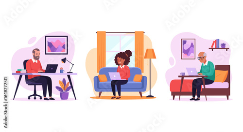 Diverse individuals across different generations are productively engaged in remote work from the comfort of their homes, highlighting modern flexible employment.
