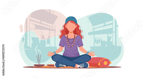 A serene young woman with red hair finds inner peace and mindfulness while meditating in a tranquil lotus pose amidst an urban setting.