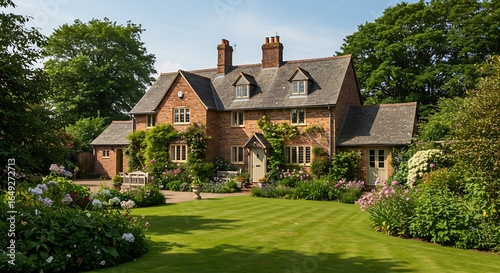 Grand UK home exterior offering country cottage surrounded by lush greenery