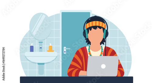 A focused individual with headphones uses a laptop in a bathroom, illustrating the adaptability of remote work and unconventional workspaces.