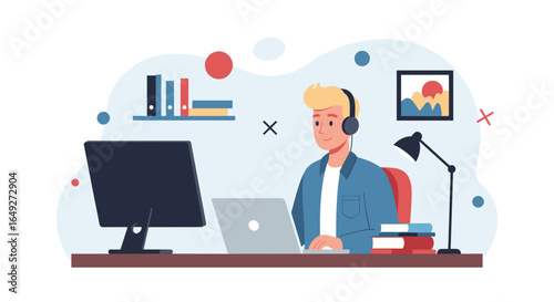 A focused young man wearing headphones works diligently at his desk with a laptop and monitor, engaged in remote work or online learning.