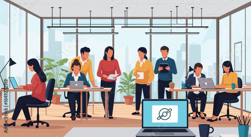 A diverse group of professionals actively collaborates and works diligently in a bright, modern open-plan office, symbolizing contemporary business productivity and teamwork.