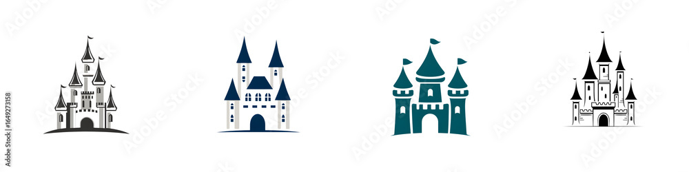 Obraz premium Cartoon Castle Silhouettes on White Background - Vector Illustration