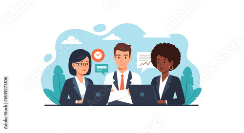A diverse team of professionals engages in a productive business meeting, collaborating on projects and analyzing data with laptops in a modern office setting.