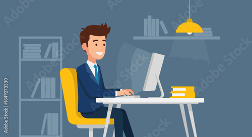 A professional man in a suit is diligently working at his computer desk in a modern office environment, illustrating productivity and remote work.
