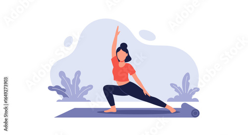 A woman gracefully performs a yoga pose on a mat outdoors, surrounded by stylized plants and a soft background.