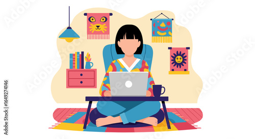 A young woman enjoys a comfortable work-from-home setup, typing on her laptop surrounded by colorful decor and books.
