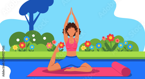 A woman performs a yoga pose outdoors in a park surrounded by flowers and lush greenery.
