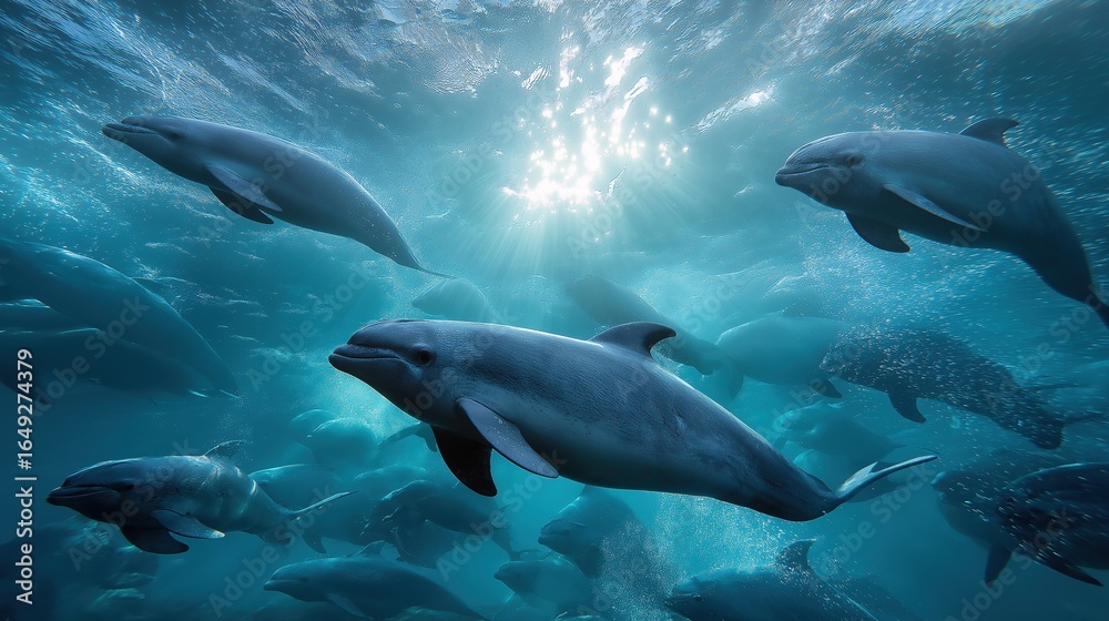 Naklejka premium Graceful silver-blue finless porpoises swimming in the crystal-clear waters of Lianzhou Sea, China, surrounded by vibrant underwater marine life, showcasing serene aquatic ecosystem and natural beauty