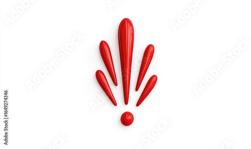 A stylized red exclamation point, formed by several teardrop-shaped elements radiating outward from a central dot, against a plain white background