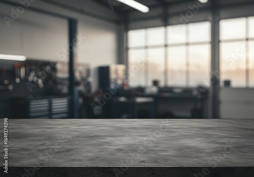 Mockup empty concrete surface in a blurred auto repair shop with large windows commercial usage