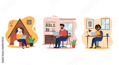 Diverse individuals work remotely from home, embracing modern flexible work arrangements and digital connectivity.