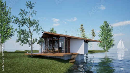 Wallpaper Mural wooden house on the seashore, a place to relax, 3D visualization of the exterior Torontodigital.ca
