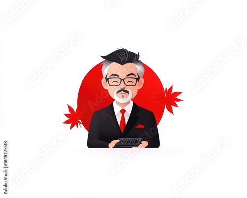 A cartoon-style man in a suit with gray hair and glasses holds a small keypad against a red sun and maple leaves