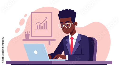 A stylish African American businessman diligently works on his laptop at a modern desk, with a chart indicating financial growth in the background.