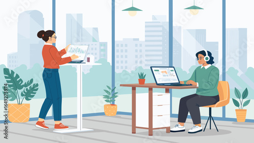 Productive female colleagues utilize technology for data analysis and business strategy within a contemporary, light-filled office setting.