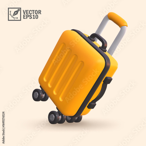 Yellow travel suitcase isolated vector illustration, realistic 3d luggage with wheels and handle, modern plastic trolley case for vacation, tourism, summer holiday trip, travel design element