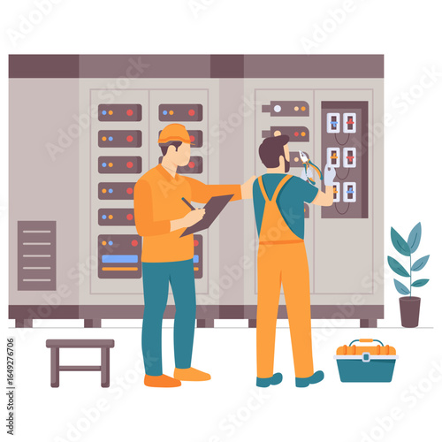 Electricians are installing high-current cabinet concept, Panel Wiring and Documentation vector design, Electric Profession banner, Low Voltage Power Supply scene, Handyman and Repairman illustration
