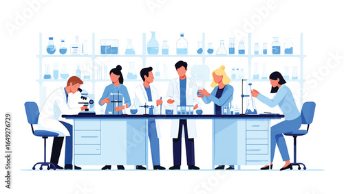 Team of scientists conducting research in a modern laboratory. Flat vector illustration for science and technology concepts. Eps file.