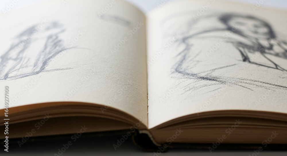 Obraz premium Artistic Pencil Sketches in an Open Vintage Sketchbook