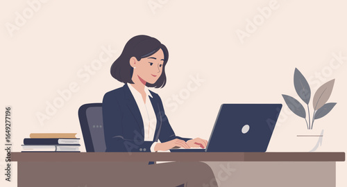 A focused professional woman diligently works on her laptop at a modern office desk, managing tasks and contributing to business productivity.