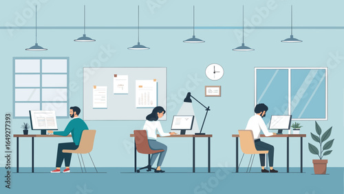 Diverse professionals are diligently working on computers at their individual desks within a modern, well-lit open-plan office, showcasing productivity.
