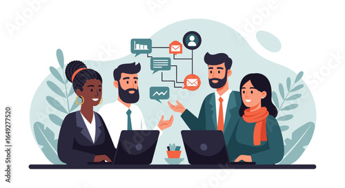 Diverse business professionals collaborate effectively, utilizing digital tools and communication networks to achieve shared goals and foster innovation.