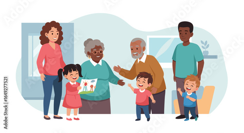 A heartwarming illustration of a diverse multi-generational family gathering indoors, showing children interacting joyfully with their grandparents.