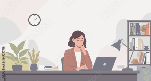 A focused young professional is diligently working or contemplating ideas at a modern desk, surrounded by office essentials in a serene home workspace.