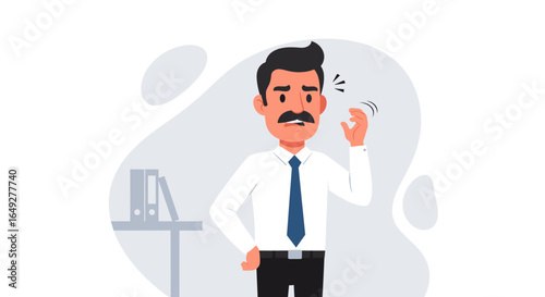 The illustration depicts a professional man anxiously biting his nails, reflecting stress or nervousness in a modern office environment.