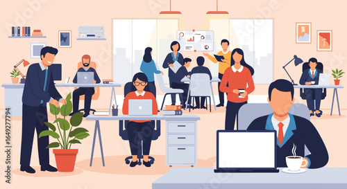 Diverse professionals actively collaborate and work independently within a bright, modern office, illustrating a dynamic and productive corporate environment.