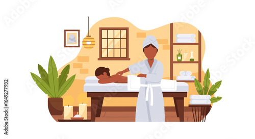 Therapist gives back massage to client in tranquil spa. Scene includes candles, plants, and soft lighting for relaxation and wellness.