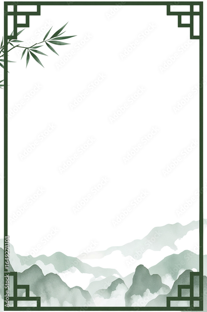 Obraz premium Serene oriental design featuring misty mountains and bamboo against an empty field with an elegant