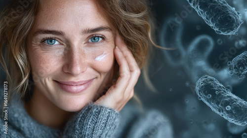 Young woman smiles while applying cream to her face, showcasing the connection between probiotics and healthy skin cells